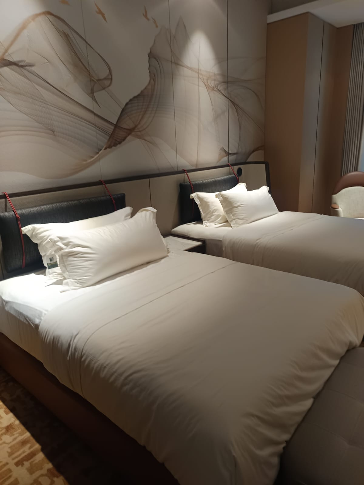 Dvoposteljna hotelska soba petih zvezdic z osvetljeno umetniško steno za vzglavjem